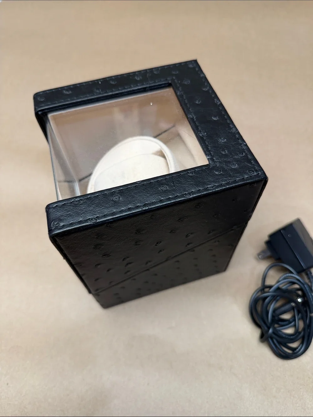 Black Leather Single Watch Winder with Cream Interior Cushion
